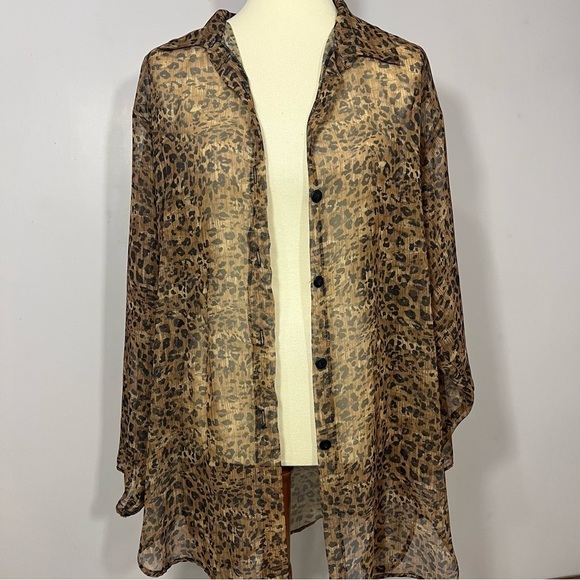 Vintage animal print sheer long line blouse swimsuit coverup leopard mobwife top - Picture 2 of 9